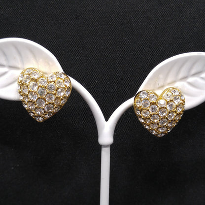 Vintage Swarovski Swan Logo Heart Earrings Clear Pave Rhinestones Gold 1980s