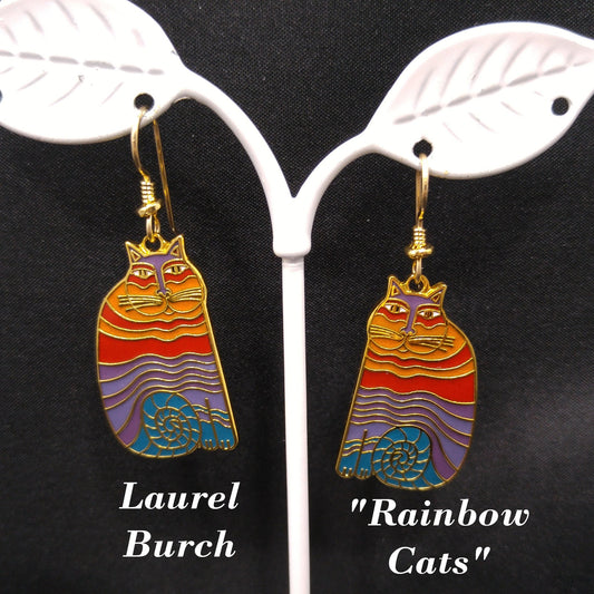 Laurel Burch "Rainbow Cats" Earrings, Multicolored Cloisonne Enamel, 1980s