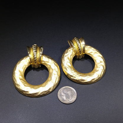 Edwin Pearl Large Runway Post Earrings, Hammered Gold Plate, 1980s Vintage Jewelry
