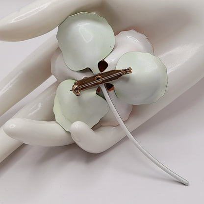 Vintage 1960s Orange Green White Enamel Flower Brooch with Stem, 4 Inches
