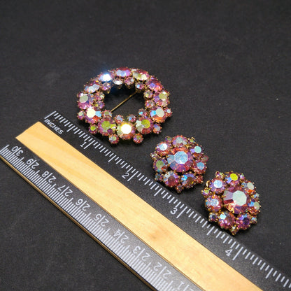 Kramer Pink Brooch Clip Earrings, Aurora Borealis, 1960s Vintage Jewelry