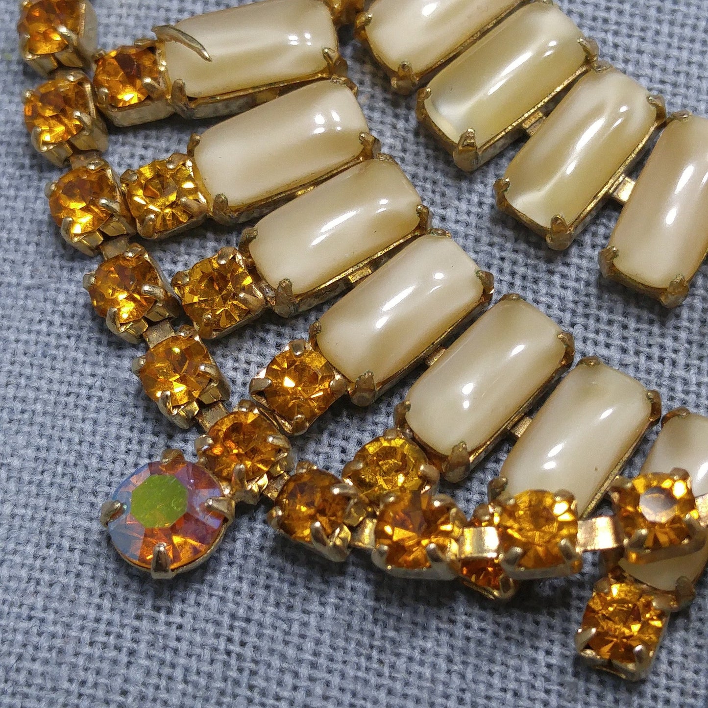 Vintage Weiss Festoon Topaz Rhinestone Necklace, Book Piece, Art Glass & Rhinestones