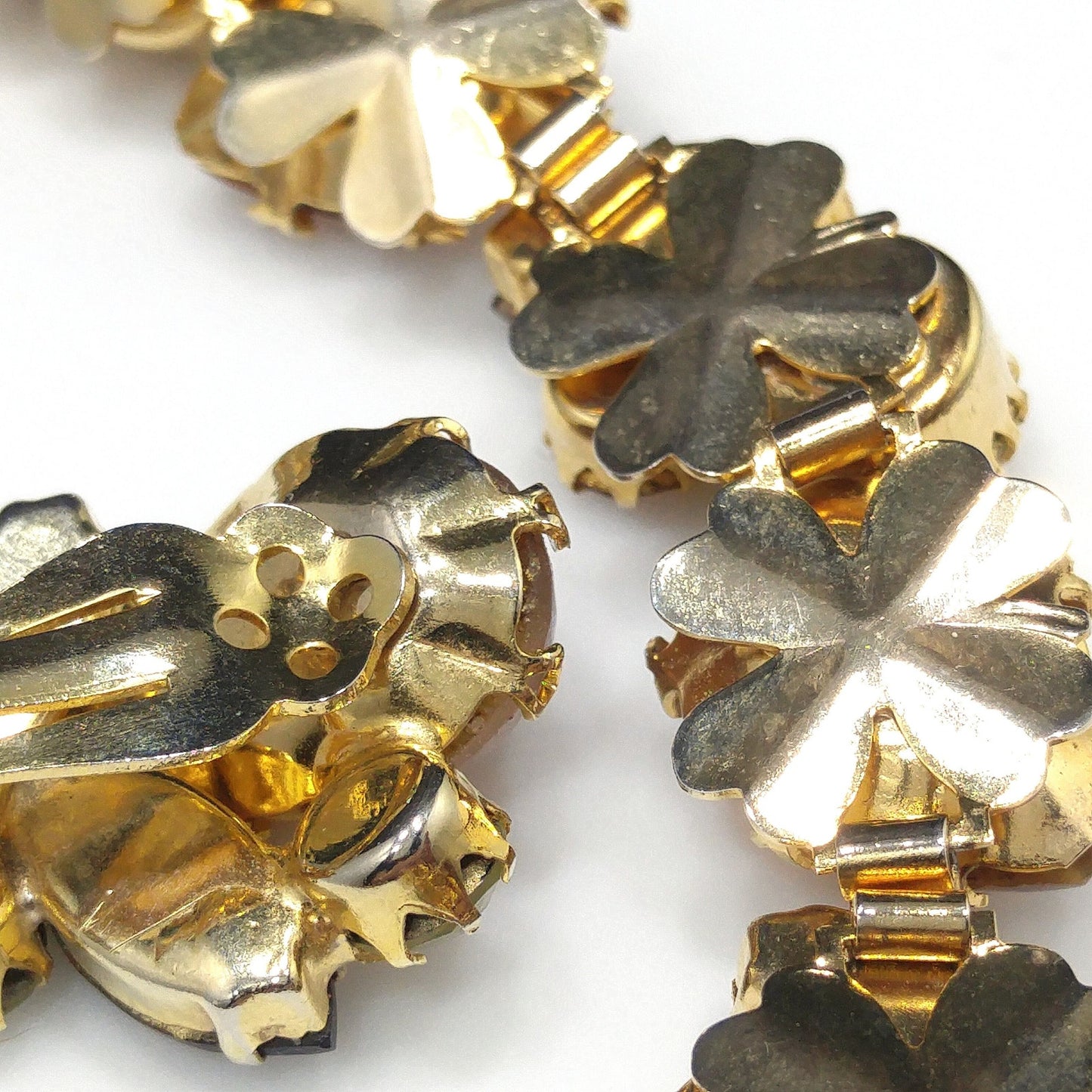 Gold Foil Faux Opal Rhinestone Bracelet & Earrings, Light Topaz Jonquil Rhinestones, 1960s Vintage Jewelry