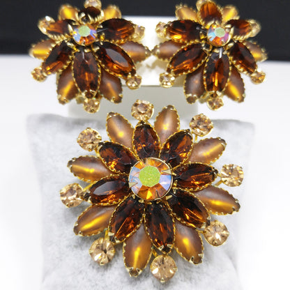 Judy Lee Topaz Rhinestone Brooch & Earrings Set, Gold Plated, Aurora Borealis, 1960s
