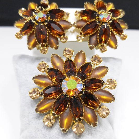 Judy Lee Topaz Rhinestone Brooch & Earrings Set, Gold Plated, Aurora Borealis, 1960s