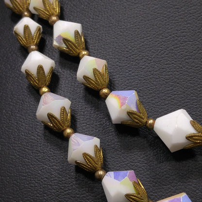 White Crystal Fire Polished Two Strand Necklace, Golden Brass End Caps, 1950s Vintage Jewelry