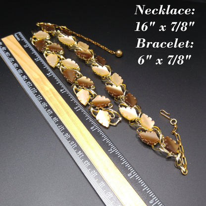 Mid-Century Beige Brown Moonglow Leaves Necklace Bracelet Set, Lucite Jewelry, 1950s Vintage Jewelry