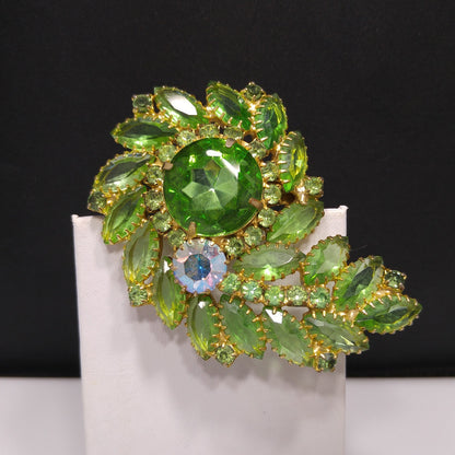Peridot Green Floral Spray Brooch, Large Green Rhinestone, 1960s Vintage Jewelry