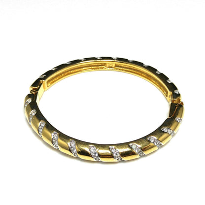 Swarovski Swan Logo Bracelet, Gold Plated Hinged Bangle, Clear Pave Rhinestones, 1980s Vintage Jewelry