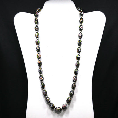 Vintage Cloisonné Beaded Necklace, Black Hand Painted Floral Beads, 1960s Vintage Jewelry