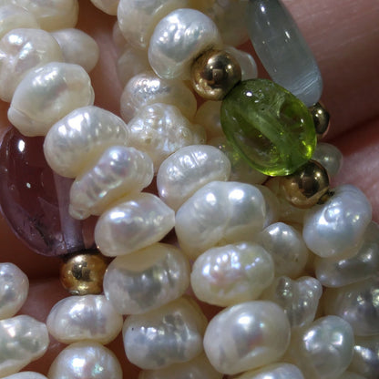 Sand Pearls & Gemstones Long Twisted Necklace, 4 Strands, No Clasp, 1970s Vintage Jewelry
