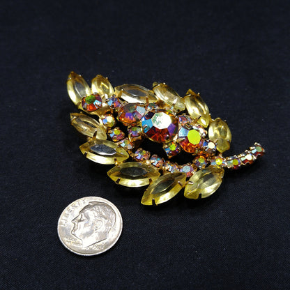 Yellow & Topaz Aurora Borealis Rhinestone Leaf Brooch, Open Back Stones, Gold Plated, 1960s Vintage Jewelry