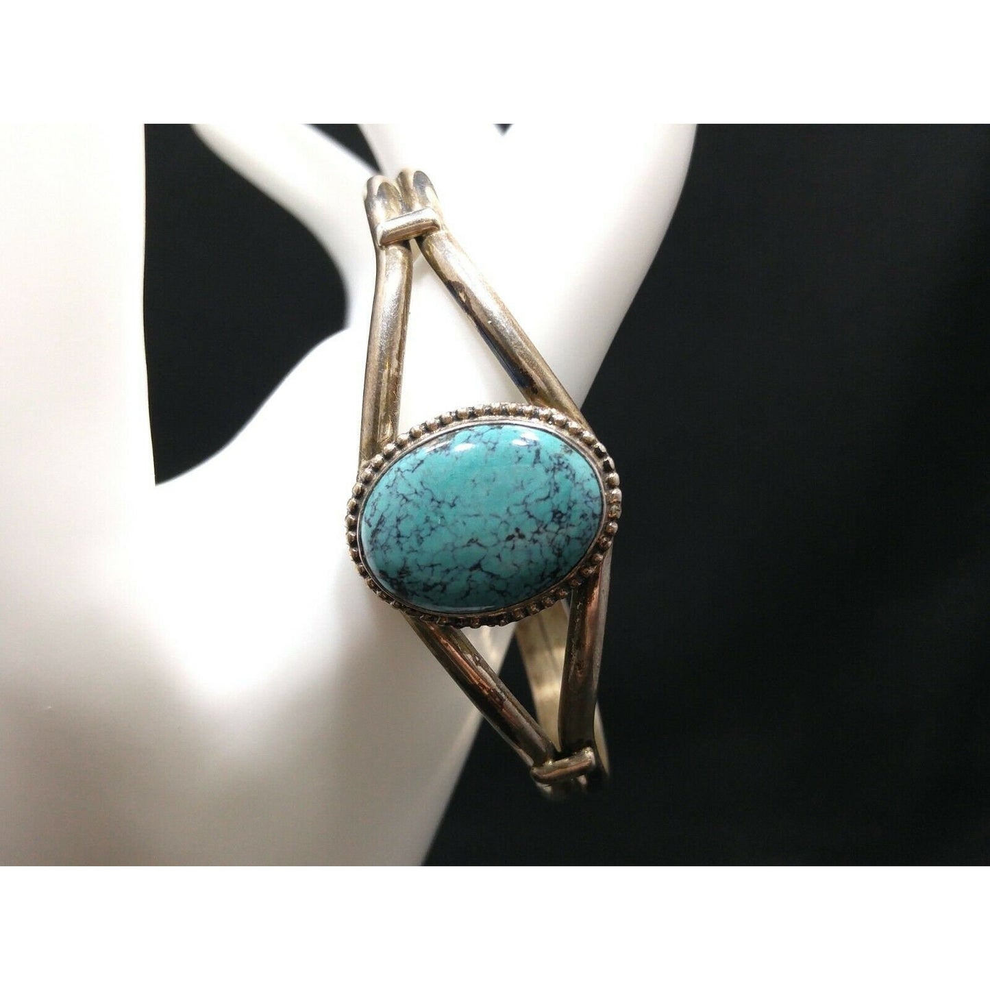 Sterling Silver Turquoise Cuff Bracelet, Signed "STERLING B", 1970s Vintage Jewelry