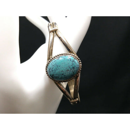 Vintage Sterling Silver Turquoise Cabochon Cuff Bracelet Signed Sterling B
