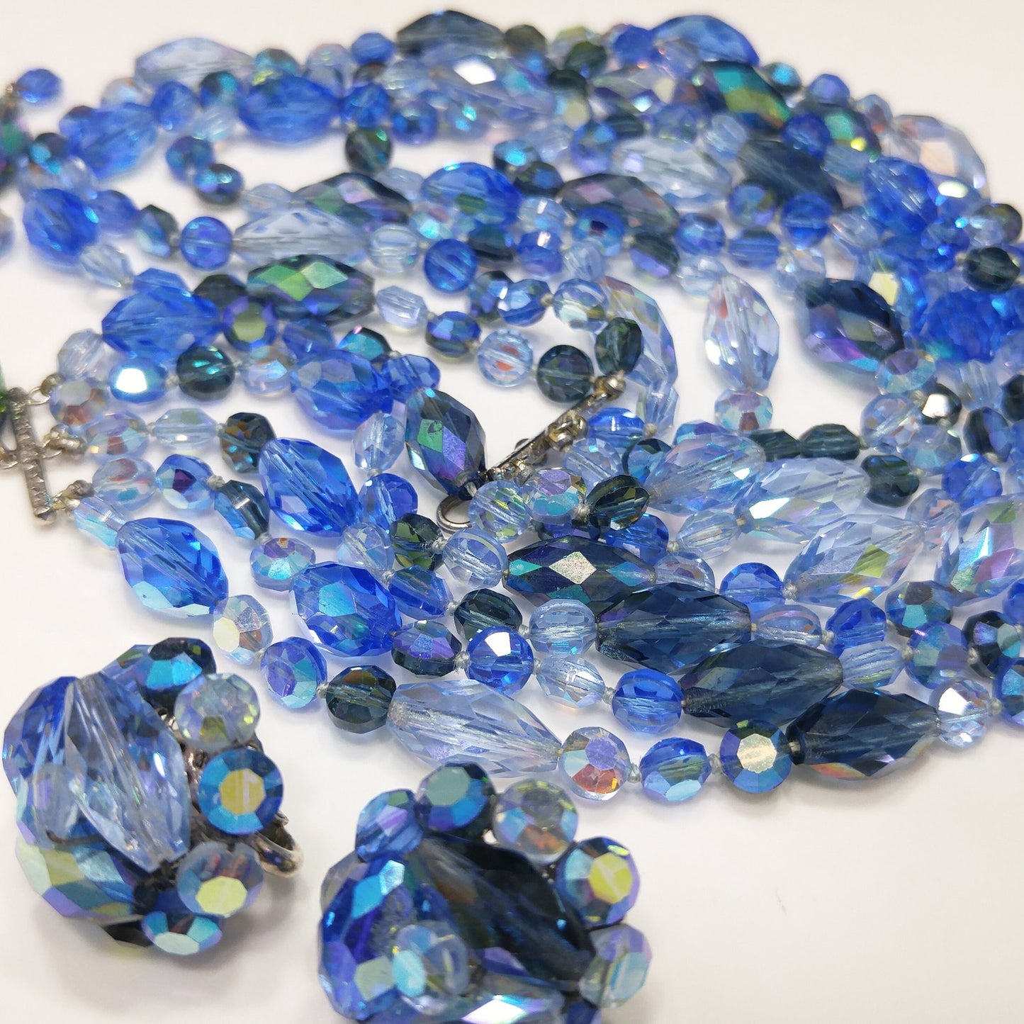 Vogue Blue Crystal Necklace & Earrings Set, Aurora Borealis, 1960s Vintage Jewelry