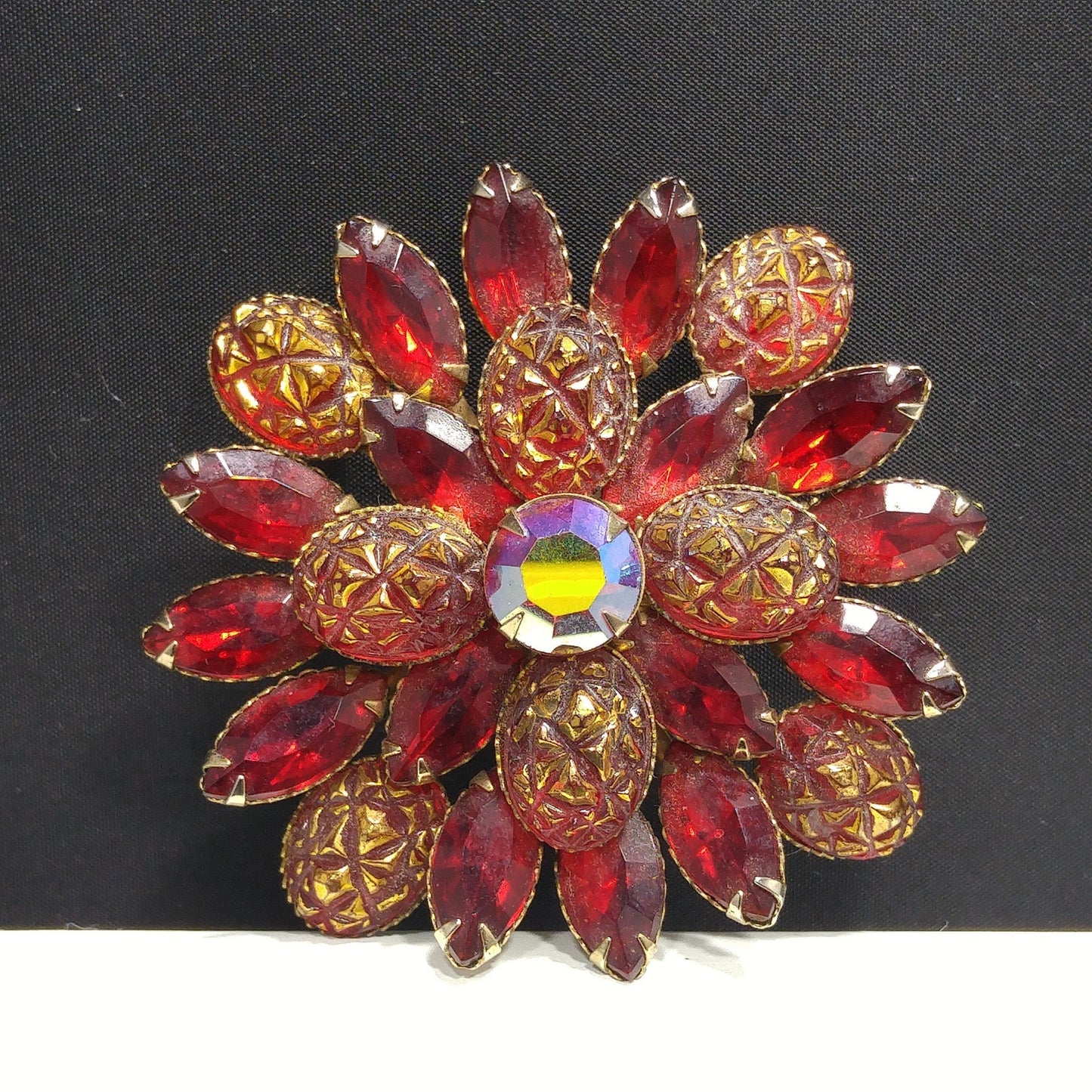 Judy Lee Red Rhinestone Brooch, Red Gold Molded Glass Petals, 1960s Vintage Jewelry