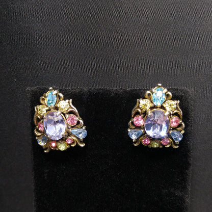 Hollycraft Pastel Rhinestone Earrings, Signed Copr 1950, Vintage Jewelry