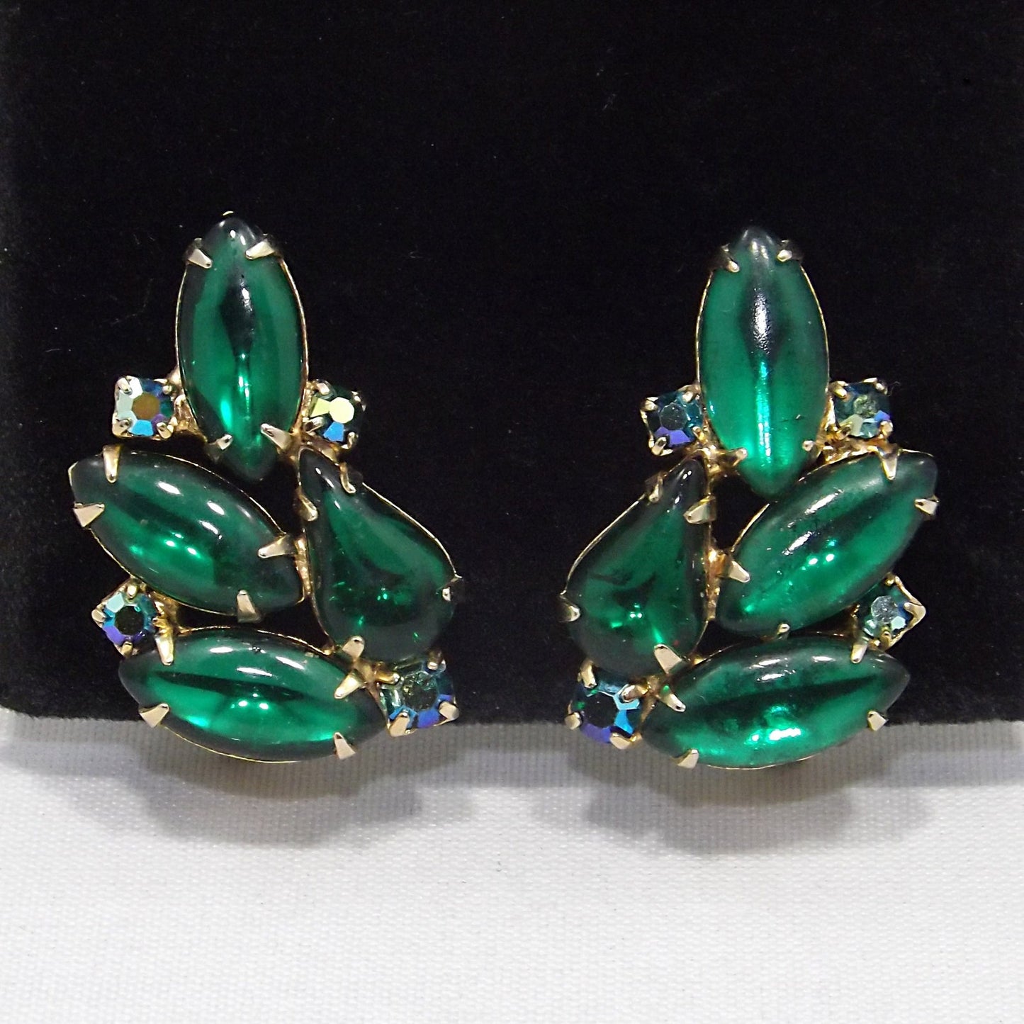 Vintage WEISS Green Clip Earrings, Gold Plated Green AB Rhinestones, 1960s