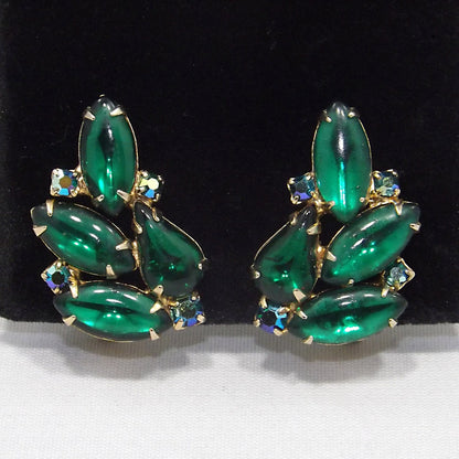 Vintage WEISS Green Clip Earrings, Gold Plated Green AB Rhinestones, 1960s