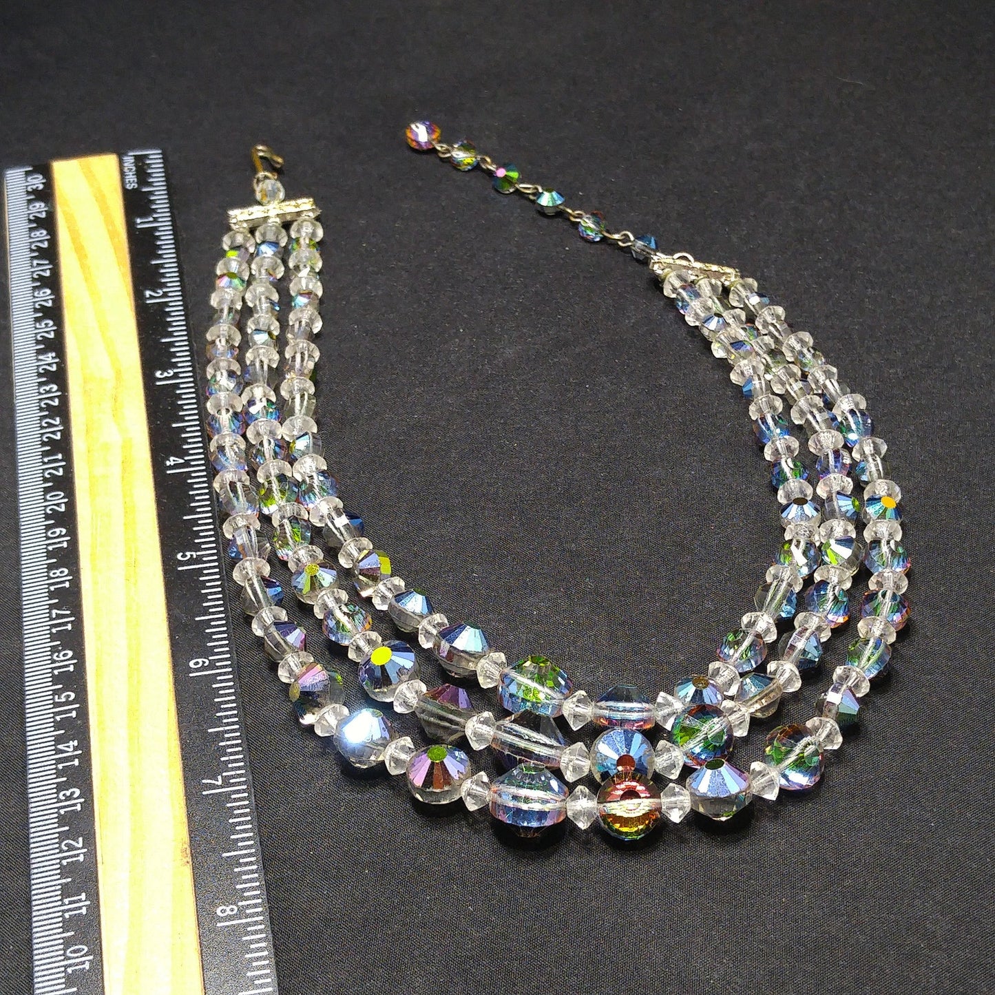 Vitrail Aurora Borealis Crystal Bead Necklace, Three Strands, 1960s Vintage Jewelry