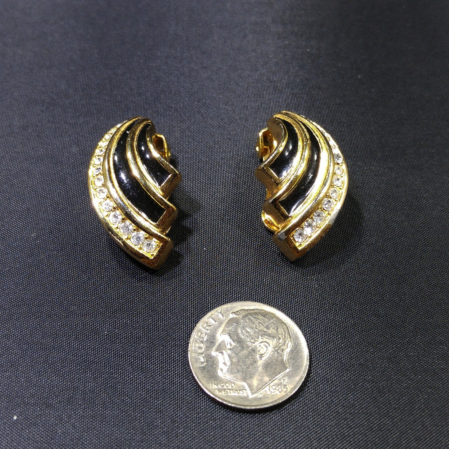 Christian Dior Black Enamel Earrings, Gold Plated, Pave Rhinestones, 1980s Vintage Jewelry