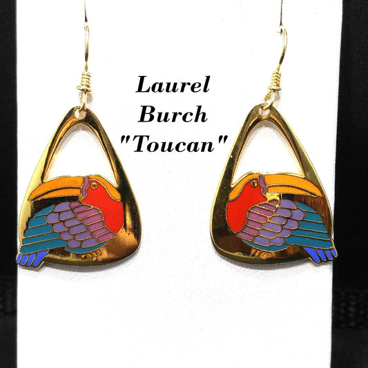Laurel Burch Toucan Bird Earrings, Gold Plated Cloisonne Enamel, 1980s Vintage Jewelry