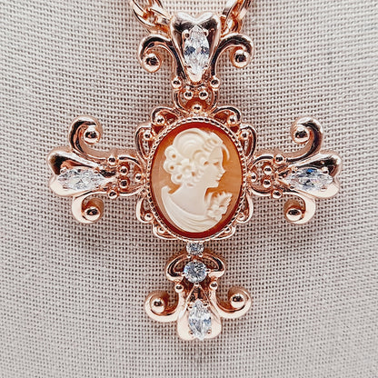 Amedeo Rose Gold Cameo Cross Pendant Necklace with Rhinestones, 18 Inches