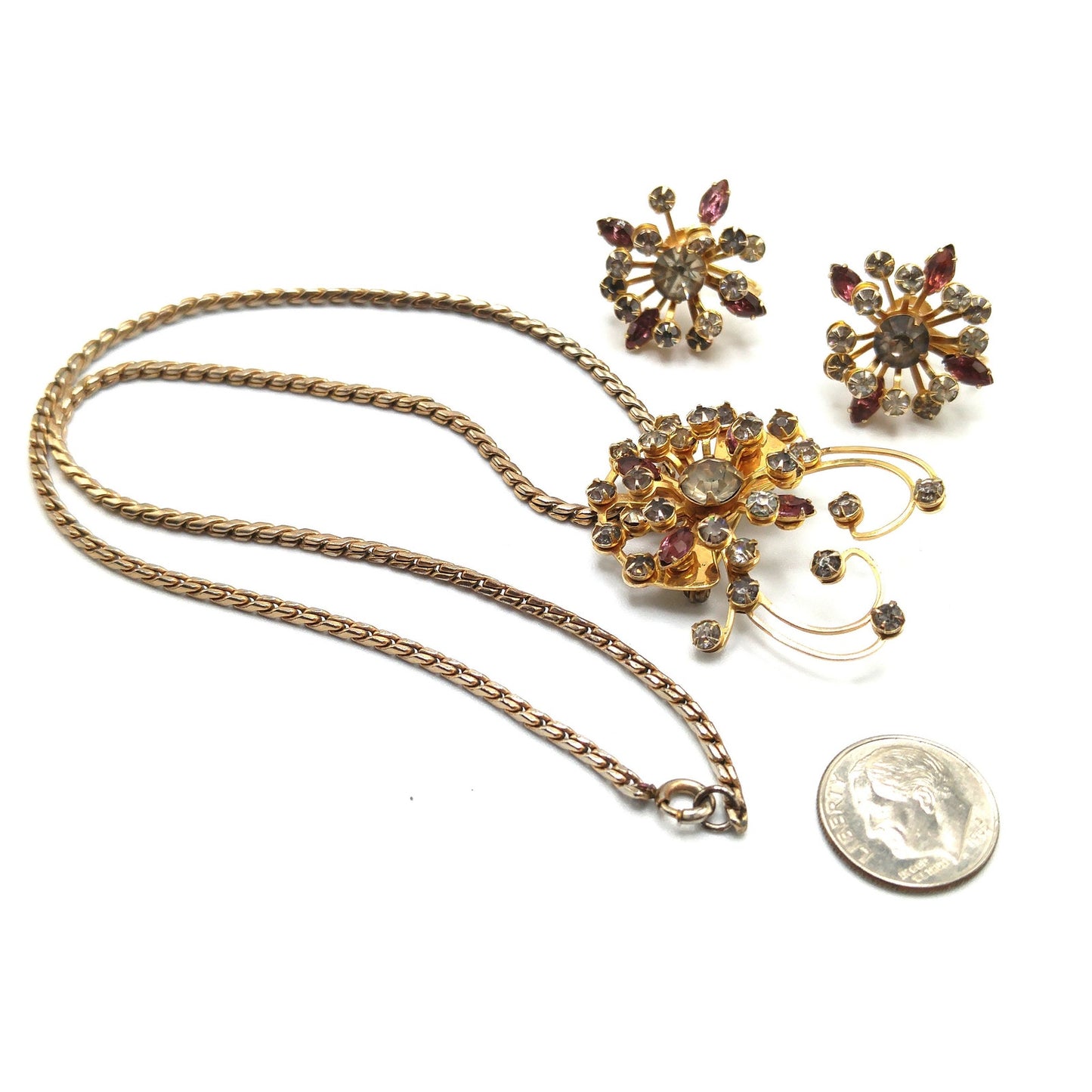 Floral Purple Rhinestone Pendant Brooch Necklace Earrings Set, Gray Clear Rhinestones, 1940s Vintage Jewelry