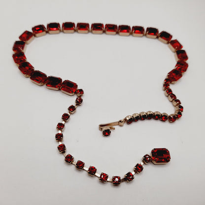 WEISS Vintage Red Rhinestone Choker Necklace – Gold Plated Holiday Statement Jewelry