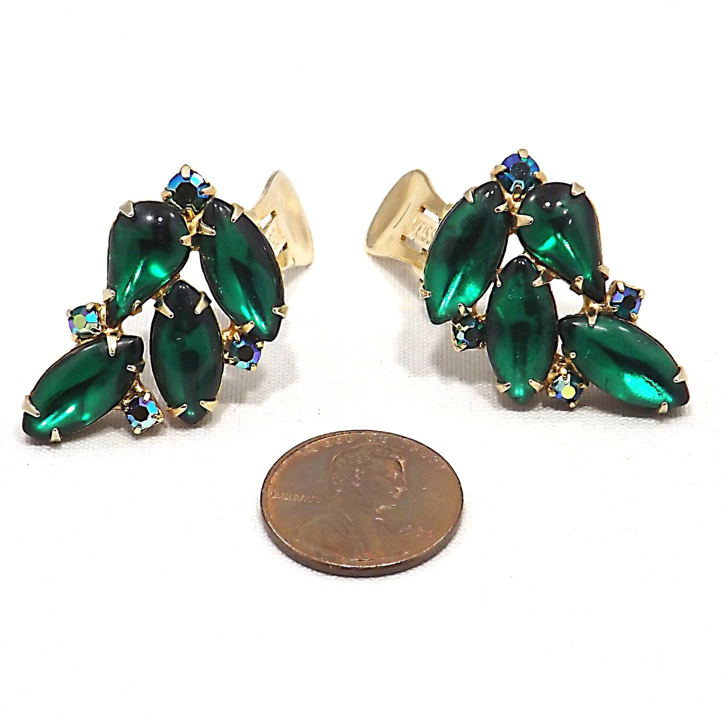 Vintage WEISS Green Clip Earrings, Gold Plated Green AB Rhinestones, 1960s