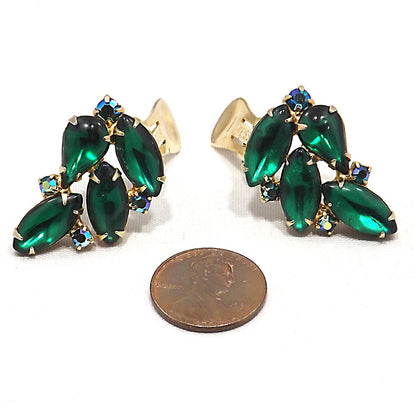 Vintage WEISS Green Clip Earrings, Gold Plated Green AB Rhinestones, 1960s