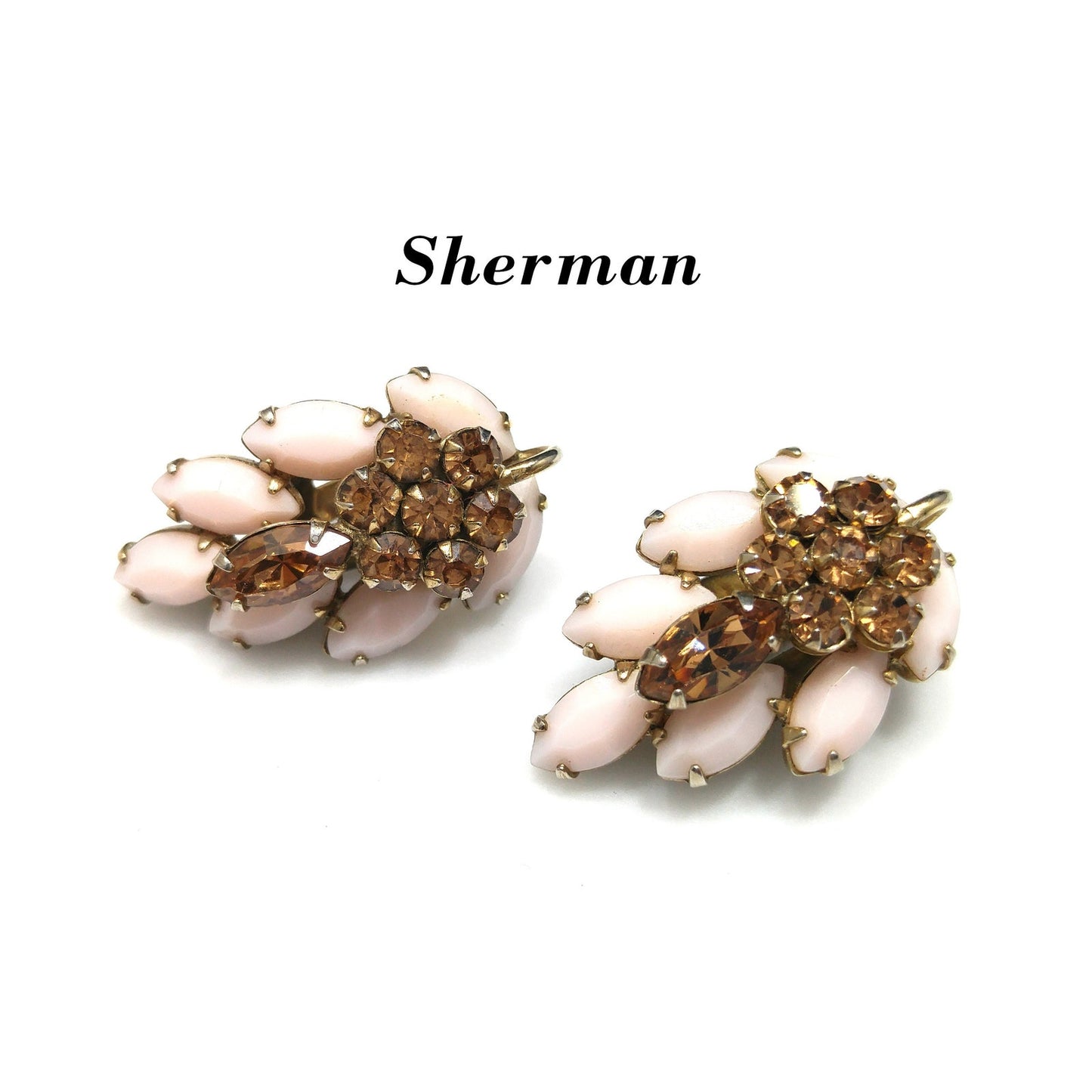 Sherman Pink & Topaz Rhinestone Earrings, Pink Milk Glass, Gold Plated, 1960s Vintage Jewelry