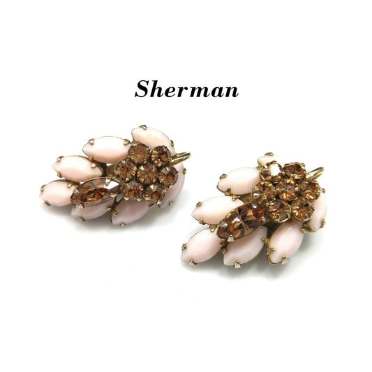 Sherman Pink & Topaz Rhinestone Earrings, Pink Milk Glass, Gold Plated, 1960s Vintage Jewelry