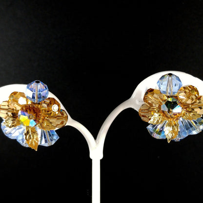Vendome Blue & Gold Crystal Beaded Clip Earrings, Gold Plated, 1960s Vintage Jewelry