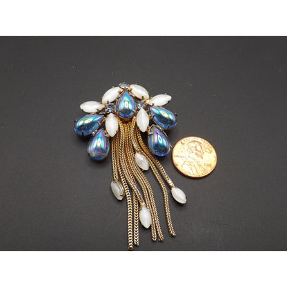 Iridescent Blue Gold Plated Fringe Brooch, White Art Glass Stones, 1960s Vintage Jewelry