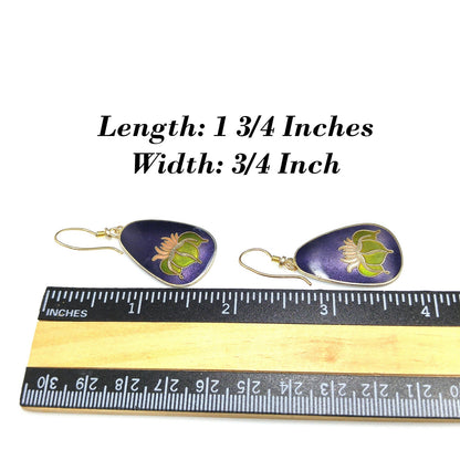 Vintage Laurel Burch Water Lily Earrings, Dark Blue Pink Green Enamel