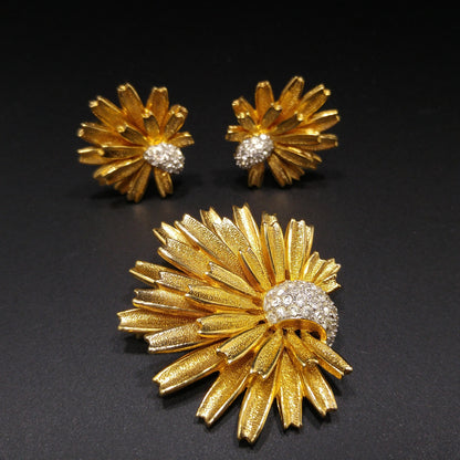 Jomaz Gold Plated Brooch & Earrings, Pave Rhinestones, Joseph Mazer Co, 1960s Vintage Jewelry