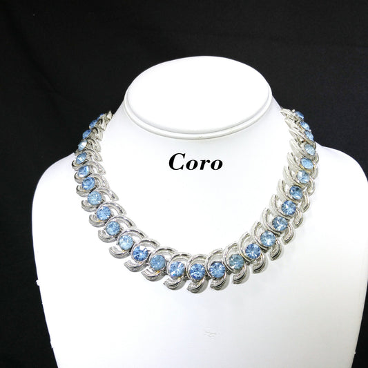 Coro Baby Blue Rhinestone Choker Necklace, Rhodium Plated, 1960s Vintage Jewelry