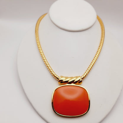 Vintage Joan Rivers Enamel Pendant Necklace & Hoop Earrings Set – Orange Lucite, 1990s Statement Jewelry