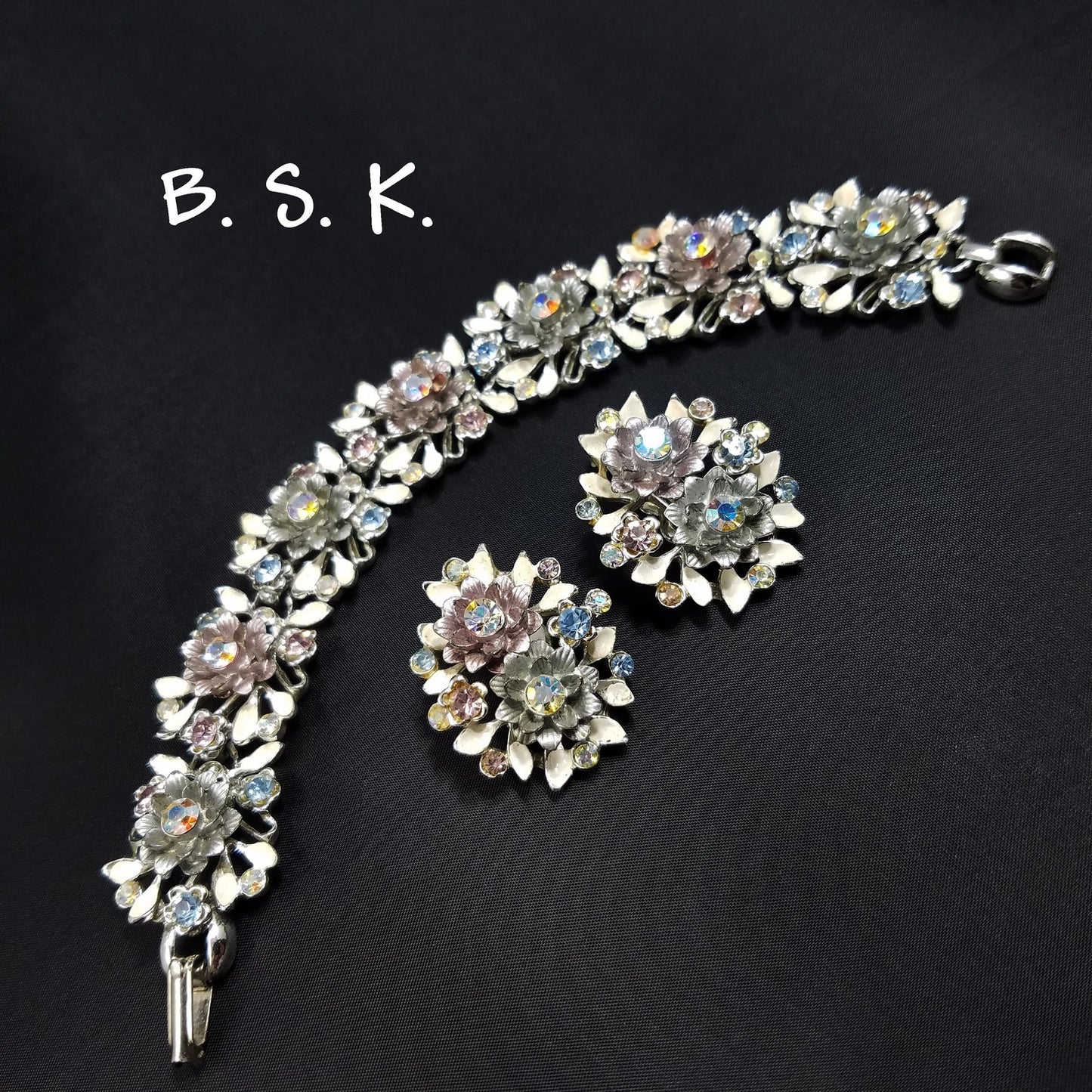 Vintage BSK White Enamel Floral Bracelet Earrings Set Pink Blue AB Rhinestones
