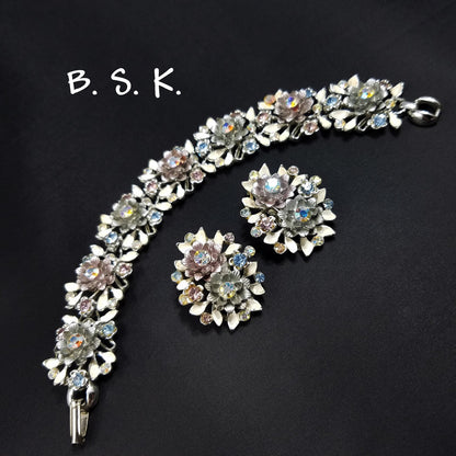 Vintage BSK White Enamel Floral Bracelet Earrings Set Pink Blue AB Rhinestones