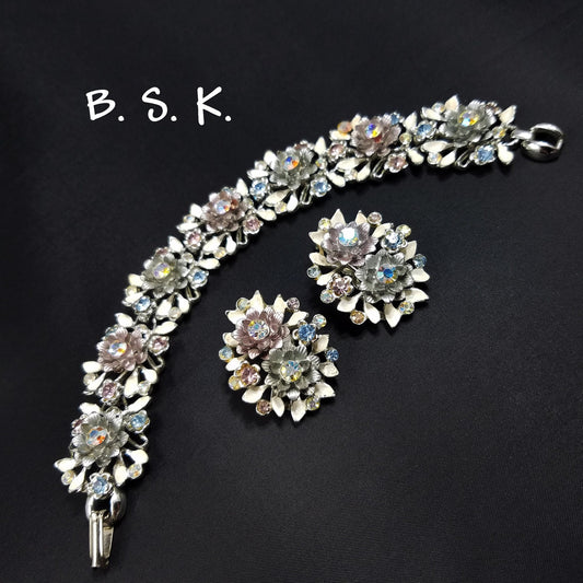 Vintage BSK White Enamel Floral Bracelet Earrings Set Pink Blue AB Rhinestones