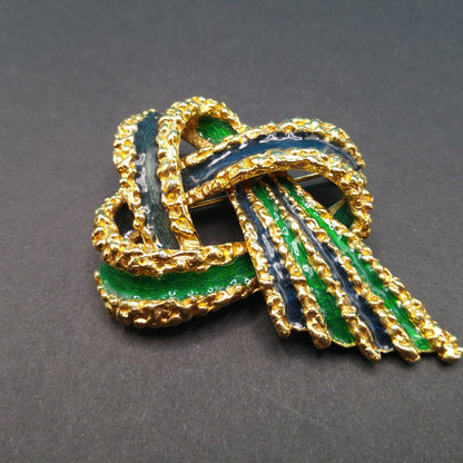 Vintage CINER Brutalist Green Enamel Brooch, Two Tone Green Enamel, Gold Plated