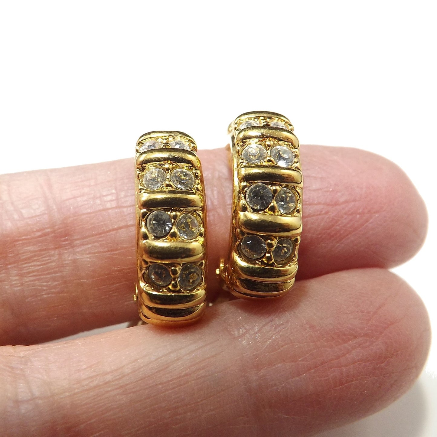 Swarovski Clear Rhinestone Half Hoop Clip On Earrings, Gold Tone, 1990s Vintage