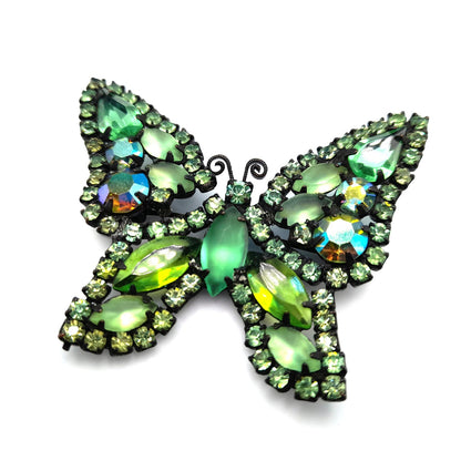 Vintage Weiss Butterfly Brooch, Green Aurora Borealis Rhinestones, Japanned Finish, 1950s Jewelry