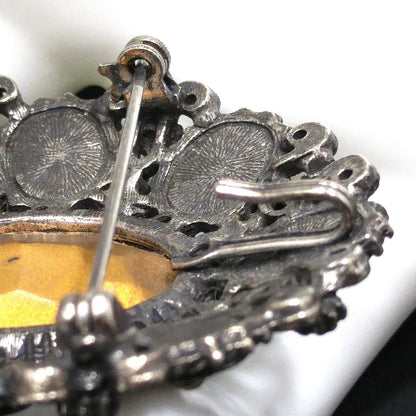 Florenza Blue Faceted Glass Brooch & Pendant, Antique Silver Tone, Gold Plated, 1950s Vintage Jewelry