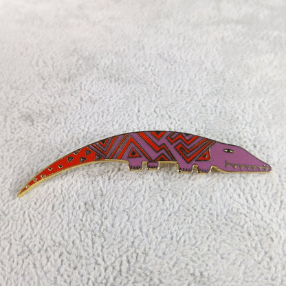 Laurel Burch "Aleucian Alligator" Brooch, Gold Plated Cloisonné Red Purple Enamel, 1980s Vintage Jewelry