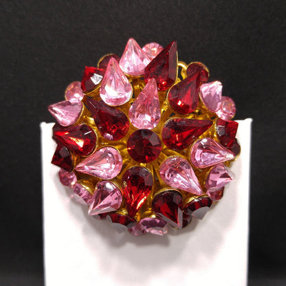 Red & Pink Domed Rhinestone Brooch, Gold Plated Filigree Backing, 1950s Vintage Jewelry