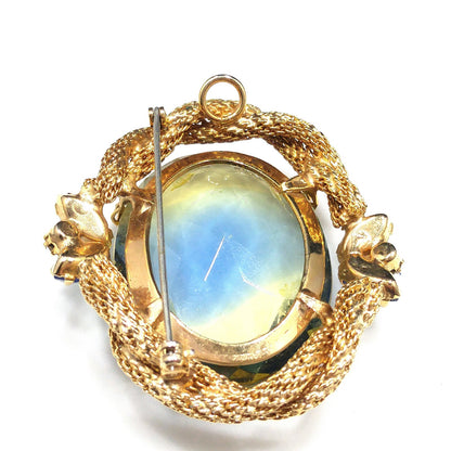 Large Glass Mesh Frame Brooch & Pendant, Gold Plated, 1960s Vintage Jewelry