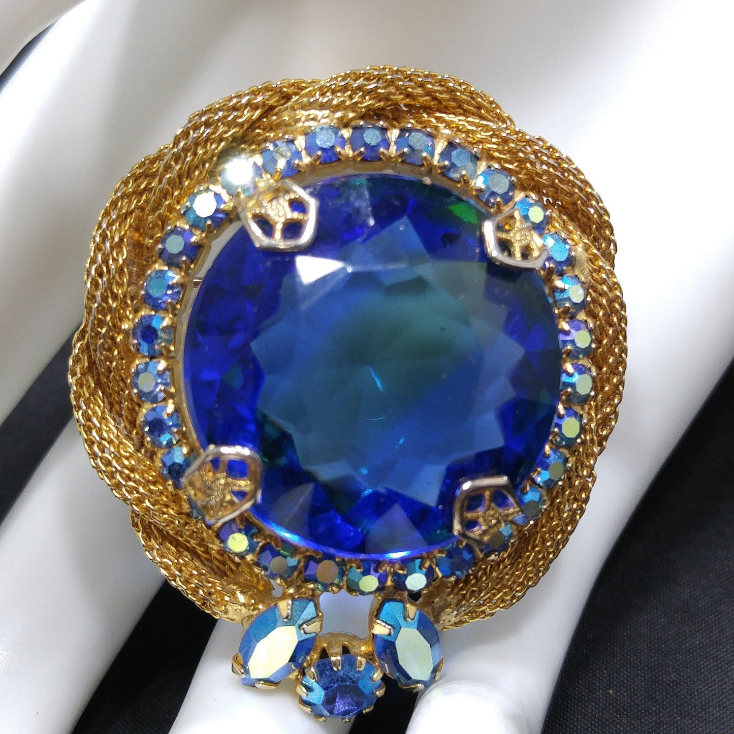 Large Blue Glass & AB Rhinestones Brooch, Gold Plated Mesh Frame, 1960s Vintage Jewelry